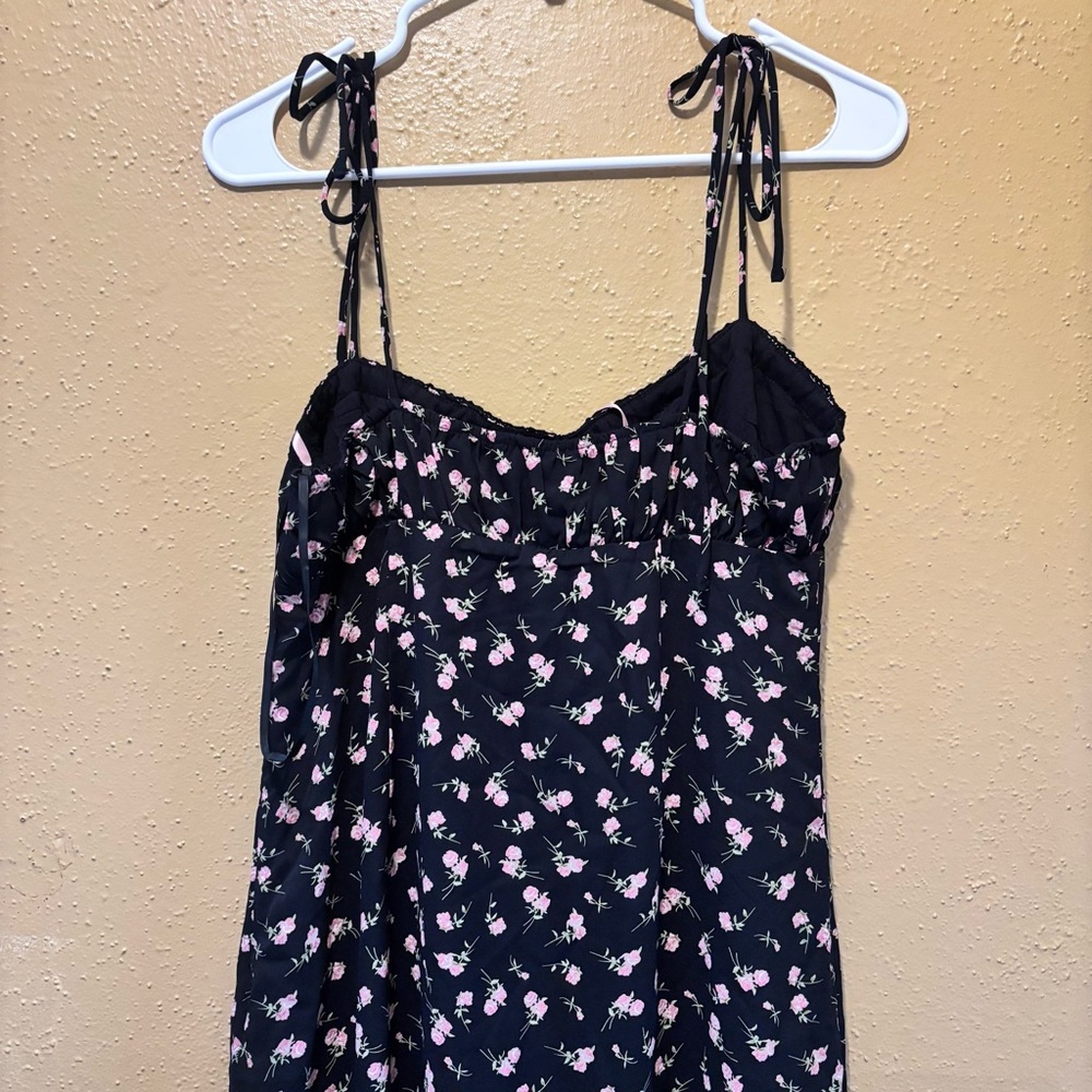 Kiss The Sky Black Floral Maxi Dress Pink Rose Ribbon Milkmaid NWT Large - Picture 7 of 10